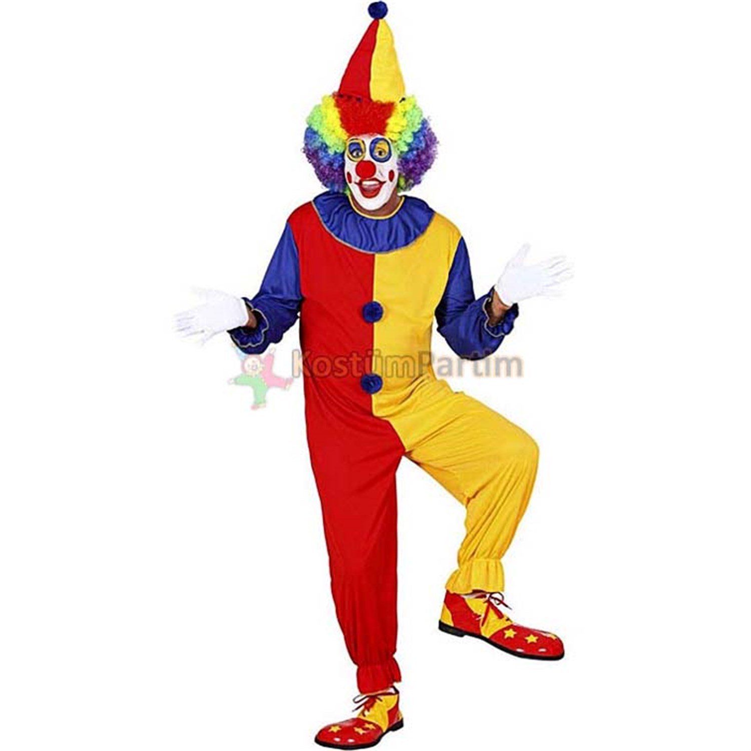 Tulum Palyaço Kostümü Kukuleta ŞapkalıYetişkin Palyaço Kıyafetleri