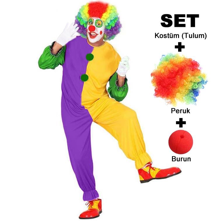 Yetişkin Palyaço Kostüm Seti, Bonus Peruk ve Sünger Burun Yetişkin Palyaço Kıyafetleri Yetişkin Palyaço Kostümü, Peruk ve Burun Seti - KostümPartim®