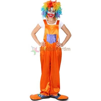 Askılı Palyaço Kostümü Turuncu Salopet Yetişkin