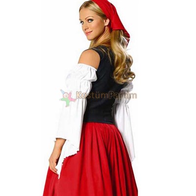 Bayerische Kıyafeti Alman Bayan Kostümü Kırmızı