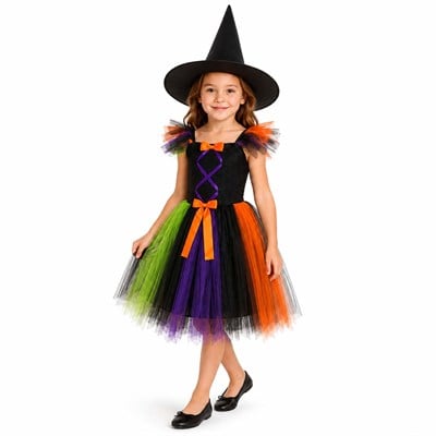 Cadı Alora Kostümü Kız Çocuk Turuncu Mor Yeşil Tüllü Şapkalı Halloween Kıyafeti