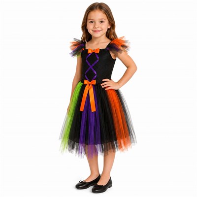 Cadı Alora Kostümü Kız Çocuk Turuncu Mor Yeşil Tüllü Şapkalı Halloween Kıyafeti