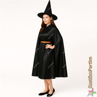Cadı Kostüm Seti Yetişkin Siyah Cadı Pelerini ve Cadı Şapkası