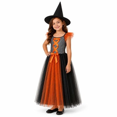 Cadı Kostümü Turuncu Tütülü Kız Çocuk Şapkalı Halloween Kıyafeti 6-12 Yaş