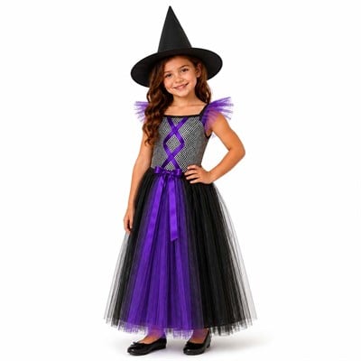 Cadılar Bayramı Mor Cadı Kostümü Kız Çocuk 4-11 Yaş Halloween Cadı Kıyafeti