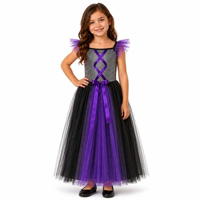Cadılar Bayramı Mor Cadı Kostümü Kız Çocuk 4-11 Yaş Halloween Cadı Kıyafeti