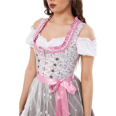 Çiçek Desenli Gri Pembe Pamuk Dirndl Elbise 3 Parçalı Kadın Bavyera Oktoberfest Kıyafeti 426