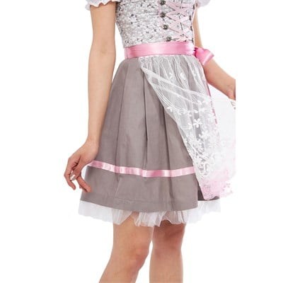 Çiçek Desenli Gri Pembe Pamuk Dirndl Elbise 3 Parçalı Kadın Bavyera Oktoberfest Kıyafeti 426