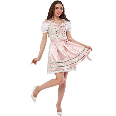 Çiçek Desenli Krem Pembe Pamuk Dirndl Elbise 3 Parçalı Kadın Bavyera Oktoberfest Kıyafeti 439