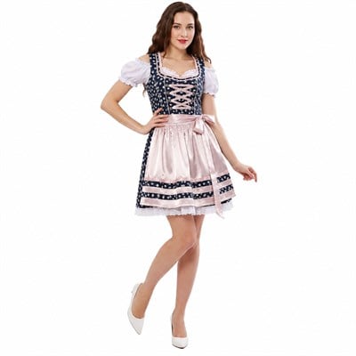 Mavi Çiçek Desenli Pamuk Dirndl Elbise 3 Parçalı Kadın Bavyera Oktoberfest Kıyafeti 333
