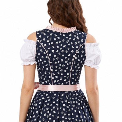 Mavi Çiçek Desenli Pamuk Dirndl Elbise 3 Parçalı Kadın Bavyera Oktoberfest Kıyafeti 333