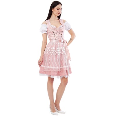 Çiçekli Pudra Dirndl Elbise Kadın Bavyera Oktoberfest Kıyafeti 078