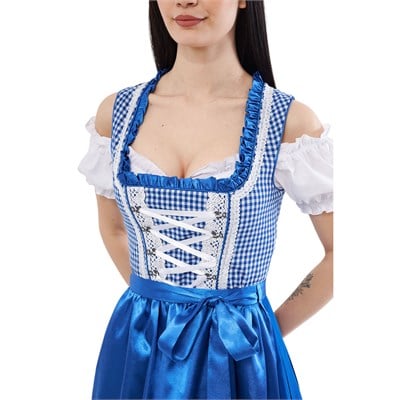 Ekose Bebe Mavisi Dirndl Elbise Kadın Bavyera Oktoberfest Kıyafeti 011