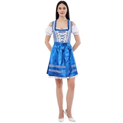 Ekose Bebe Mavisi Dirndl Elbise Kadın Bavyera Oktoberfest Kıyafeti 011