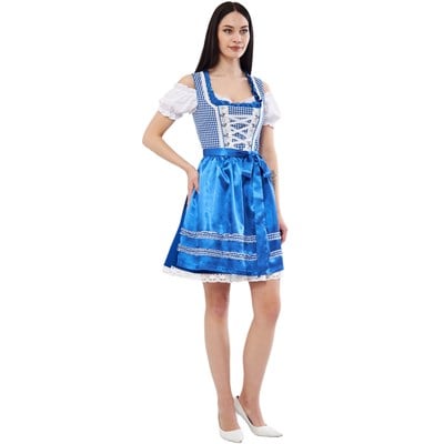 Ekose Bebe Mavisi Dirndl Elbise Kadın Bavyera Oktoberfest Kıyafeti 011