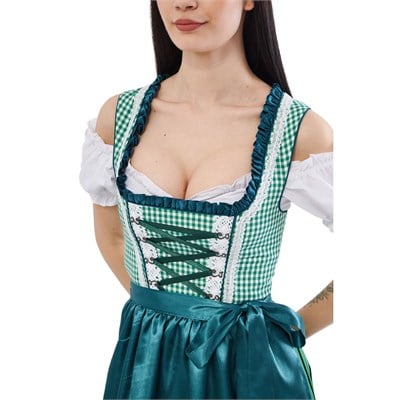 Ekose Yeşil Dirndl Elbise Kadın Bavyera Oktoberfest Kıyafeti 011