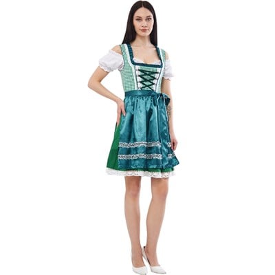 Ekose Yeşil Dirndl Elbise Kadın Bavyera Oktoberfest Kıyafeti 011