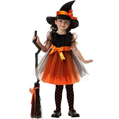 Halloween Çocuk Cadı Kostümü, Turuncu Kurdeleli