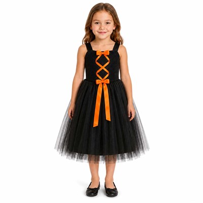 Halloween Çocuk Cadı Kostümü, Turuncu Kurdeleli