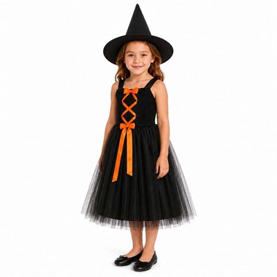 Halloween Çocuk Cadı Kostümü, Turuncu Kurdeleli