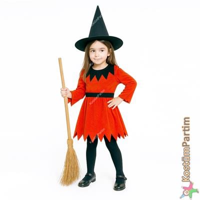 Halloween Çocuk Turuncu Renk Cadı Kostümü