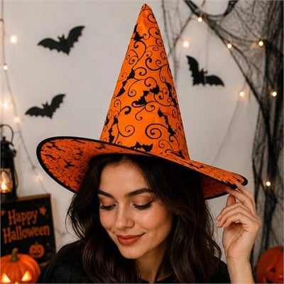Halloween Turuncu Yarasa Desenli Cadı Şapkası Siyah Desenli Cadılar Bayramı Şapkası
