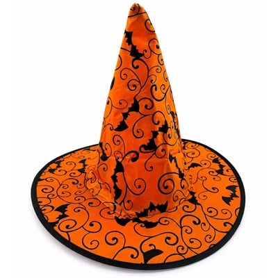 Halloween Turuncu Yarasa Desenli Cadı Şapkası Siyah Desenli Cadılar Bayramı Şapkası