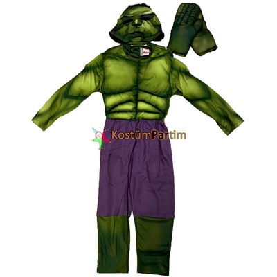 Hulk Kostümü Kaslı Kıyafet, 10-12Yaş Peruklu Maske+Eldiven
