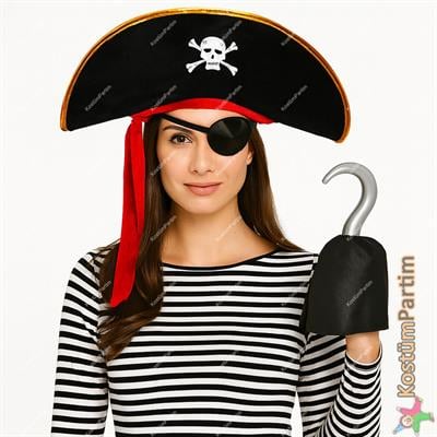 Yetişkin Korsan Kostüm Seti, Kanca Göz Bandı ve Şapka