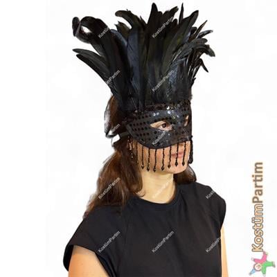Sallanan Taşlı Siyah Venedik Maskesi Lüks – Tüylü, Zarif ve Gizemli Maske