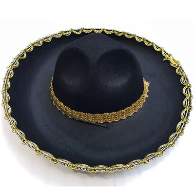 Meksikalı Şapkası Çocuk Siyah Altın Şeritli 55 cm Mariachi Şapka