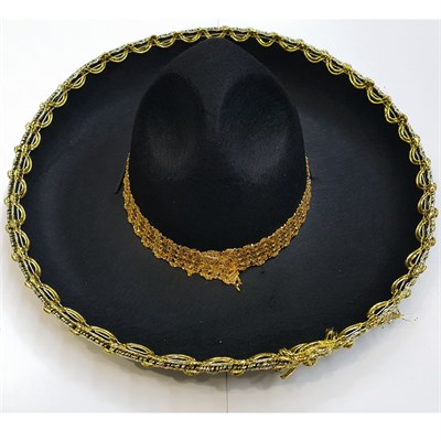Meksikalı Şapkası Çocuk Siyah Altın Şeritli 55 cm Mariachi Şapka