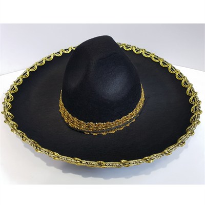 Meksikalı Şapkası Çocuk Siyah Altın Şeritli 55 cm Mariachi Şapka