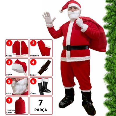 Noel Baba Kostümü Polar +Çizme ve Çuval Seti