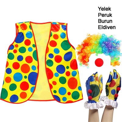 Palyaço Kostüm Seti 4 Parça Renkli Yelek Peruk Burun ve Eldiven