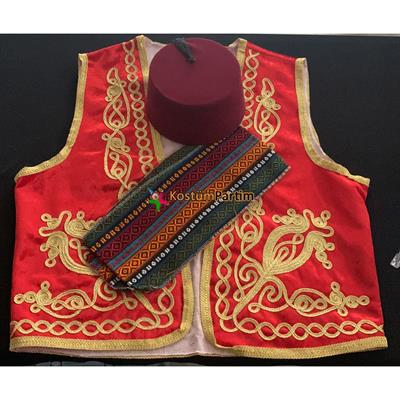 Şerbetçi Yelek, Fes, Kuşak Seti Kırmızı