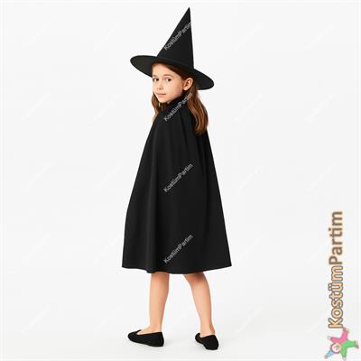 Cadı Kostüm Seti Siyah Pelerin ve Siyah Cadı Şapkası Çocuk