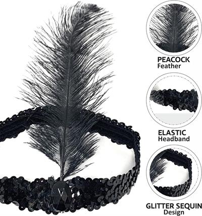 Siyah Renk Çarliston Başlık – 80li ve 90lı Yıllar Tüylü Saç Bandı