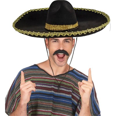 Sombrero Meksika Şapkası Yetişkin Siyah 50 cm Altın Şeritli Mariachi Şapka