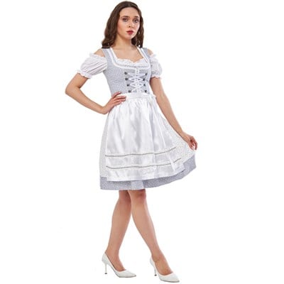 Yıldız Desenli Gri Pamuk Dirndl Elbise 3 Parçalı Kadın Bavyera Oktoberfest Kıyafeti 457