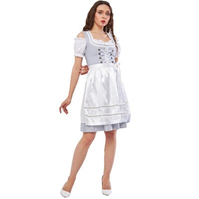 Yıldız Desenli Gri Pamuk Dirndl Elbise 3 Parçalı Kadın Bavyera Oktoberfest Kıyafeti 457