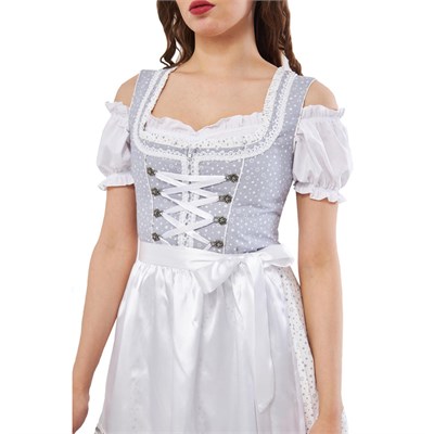Yıldız Desenli Gri Pamuk Dirndl Elbise 3 Parçalı Kadın Bavyera Oktoberfest Kıyafeti 457