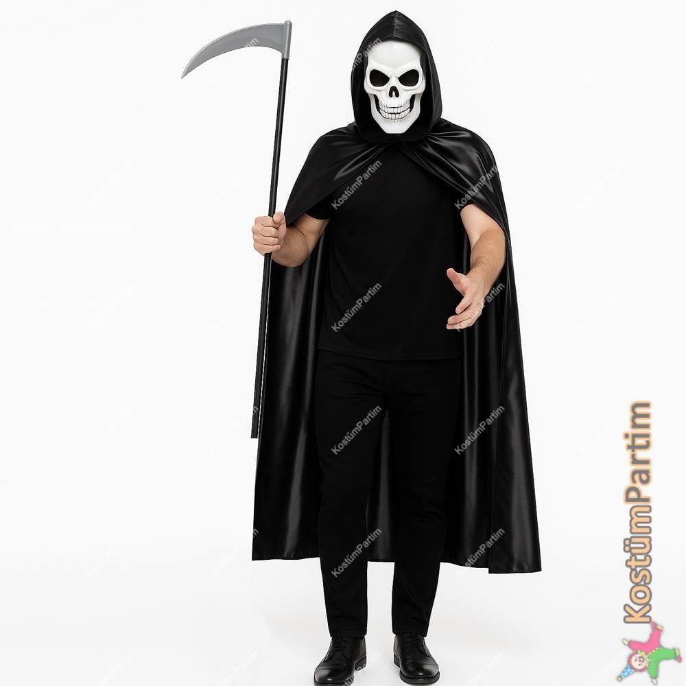 Azrail Kostümü 2li Set Siyah Pelerin ve Orak Cadılar Bayramı Kombinleri Azrail Kostümü 2li Set Siyah - KostümPartim®
