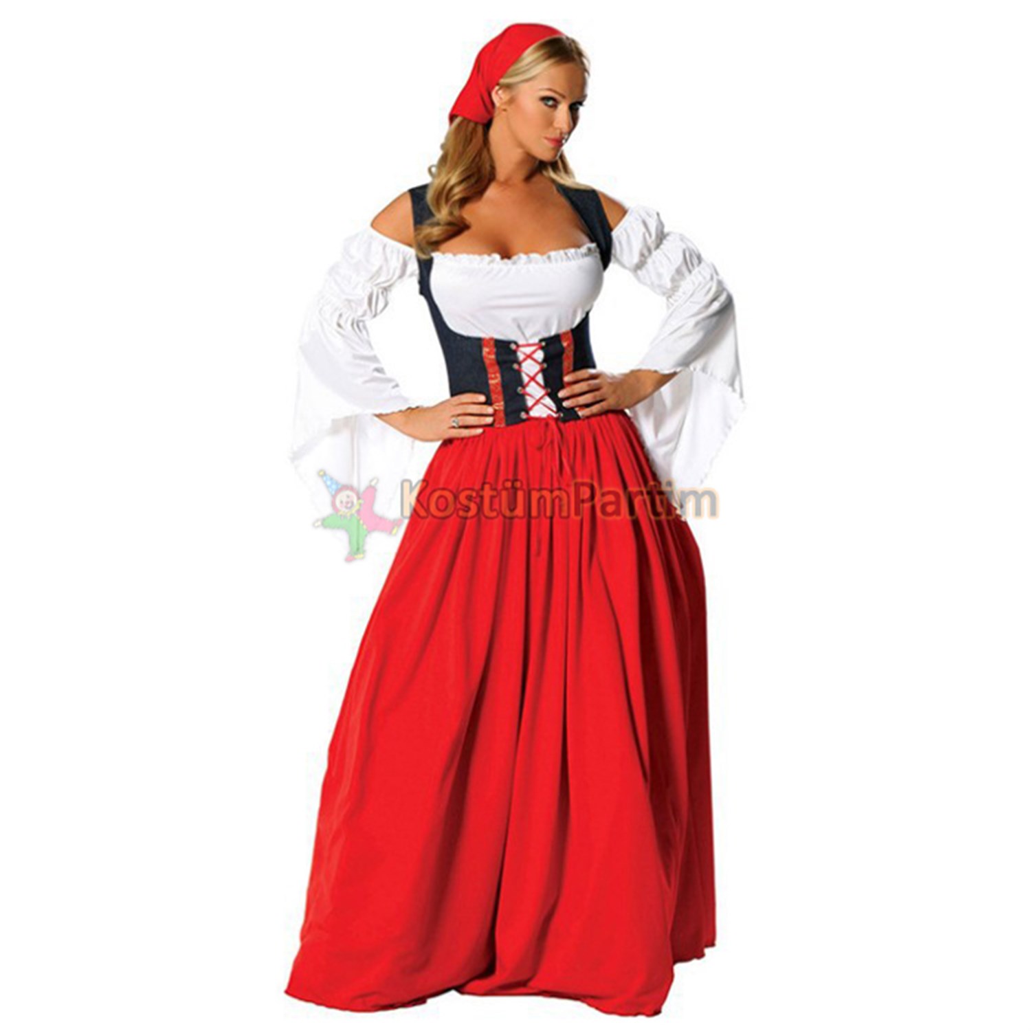 Bayerische Kıyafeti Alman Bayan Kostümü Kırmızı - KostümPartim®