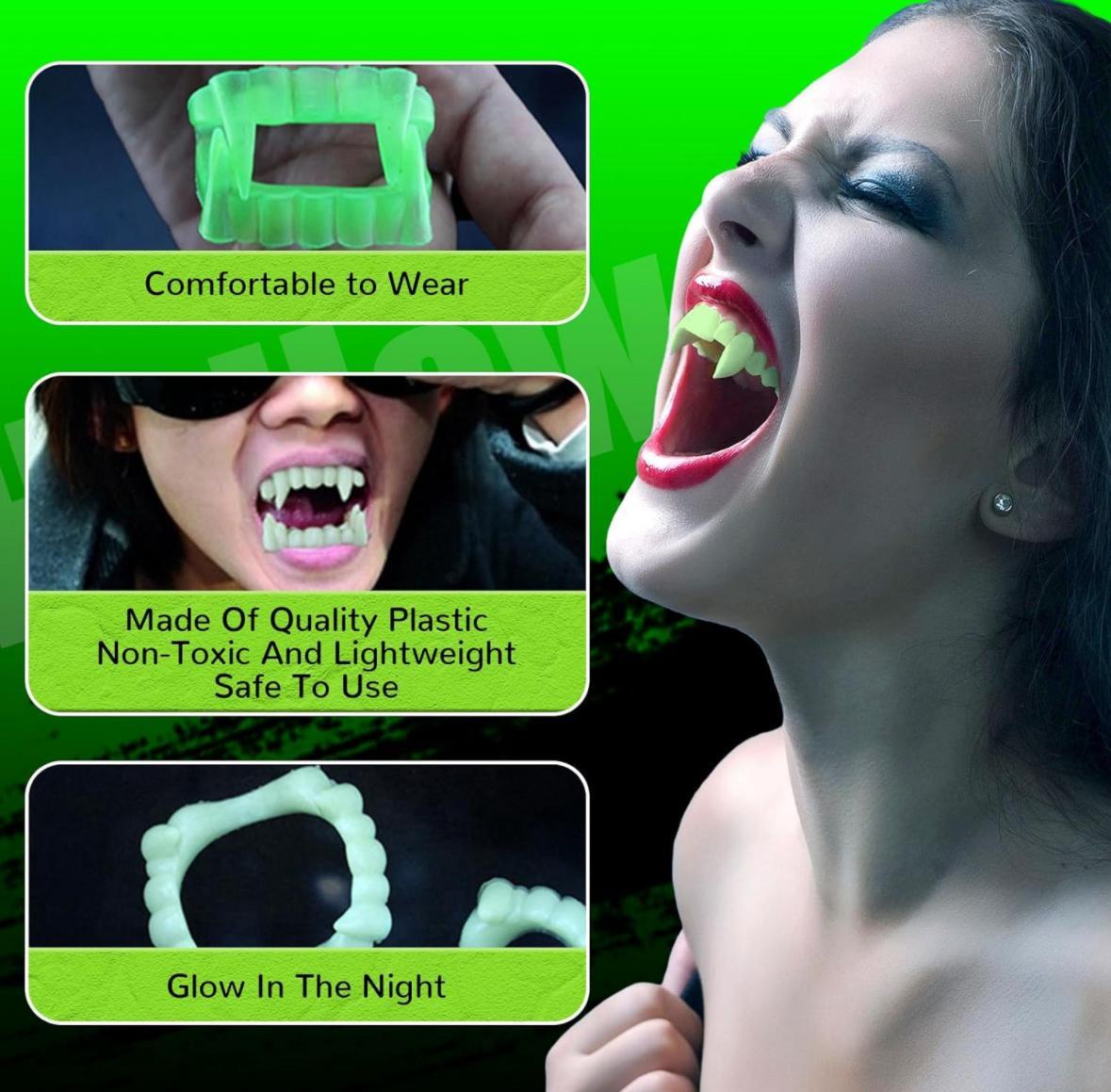 Karanlıkta Parlayan Fosforlu Çift Damak Takma Vampir Dişi Dişler / Tırnaklar Karanlıkta Parlayan Fosforlu Çift Damak Takma Vampir Dişi – Halloween Korku Aksesuarı - KostümPartim®