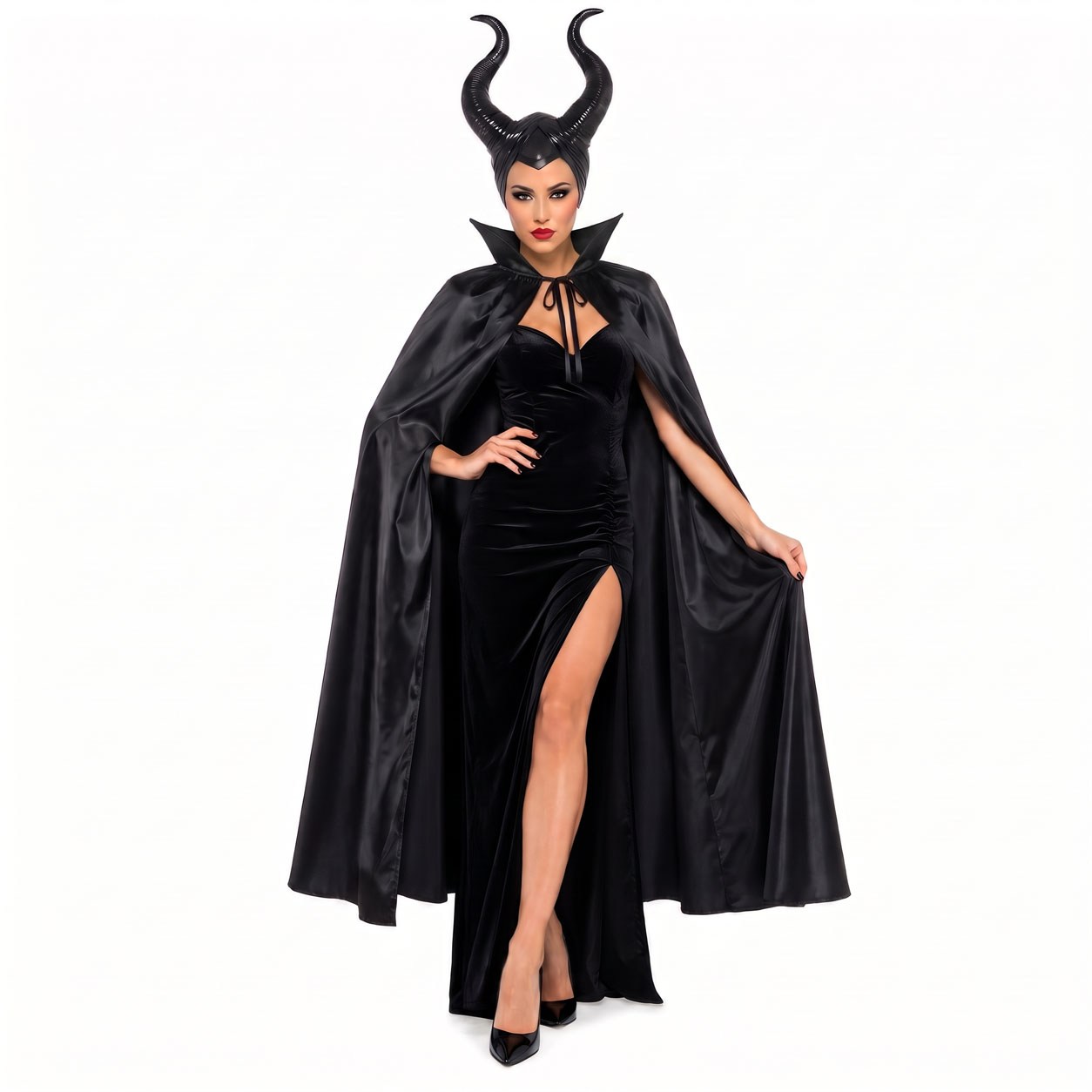 Malefiz Lateks Başlık ve Siyah Saten Pelerin Seti 120 cm Cadılar Bayramı Kombinleri KostümPartim® | Malefiz Lateks Başlık ve Siyah Saten Pelerin Seti | 120 cm Halloween Kostümü