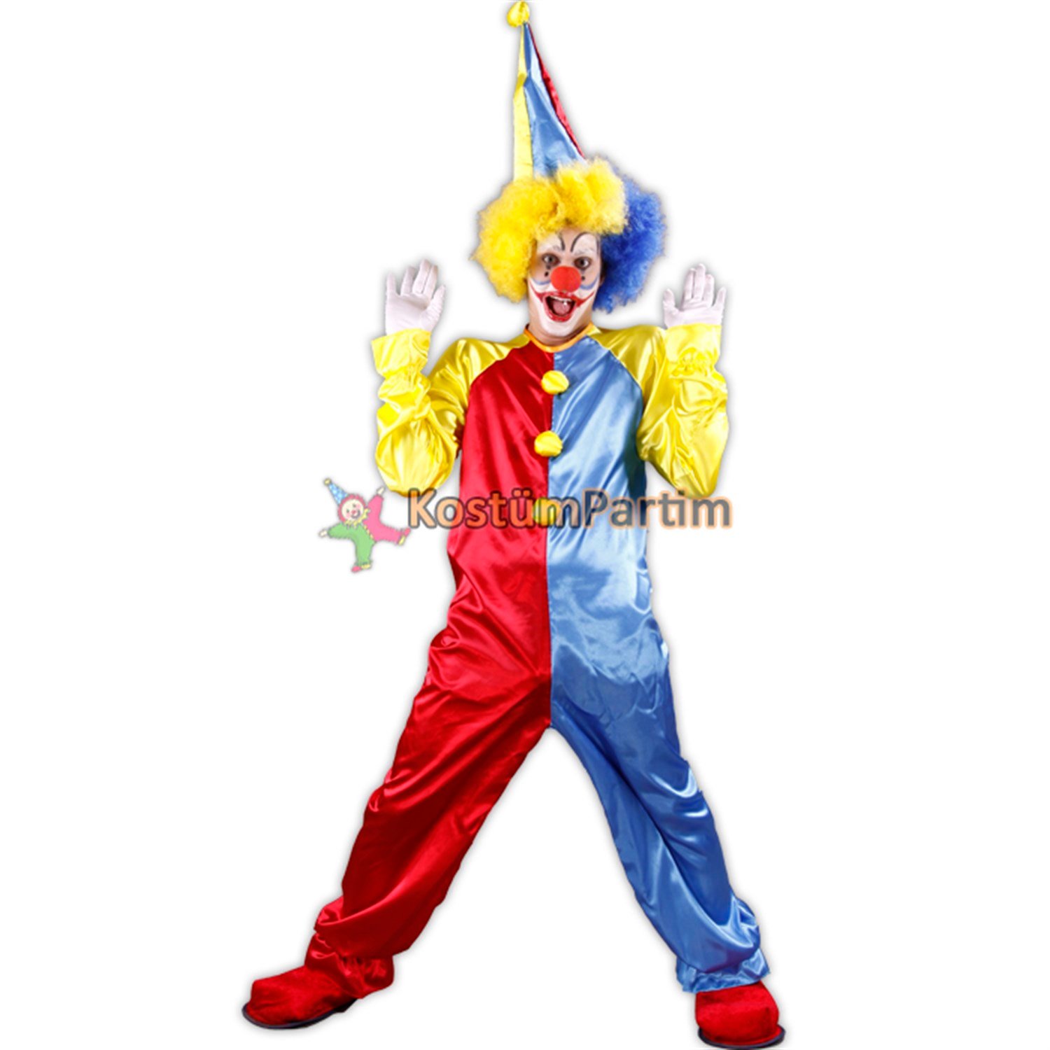 Palyaço Kıyafeti Tulum Kırmızı-MaviYetişkin Palyaço Kıyafetleri