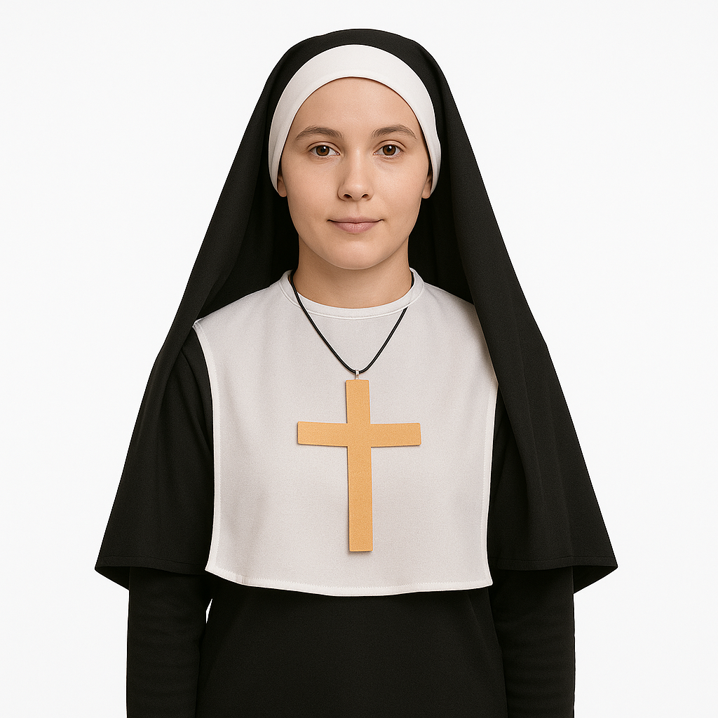 Rahibe Kostüm Seti – Başlık, Boyun Bandı ve Haç Kolye Şapkalar KostümPartim® Rahibe Kostüm Seti – Başlık, Boyun Bandı ve Keçe Haç Kolye