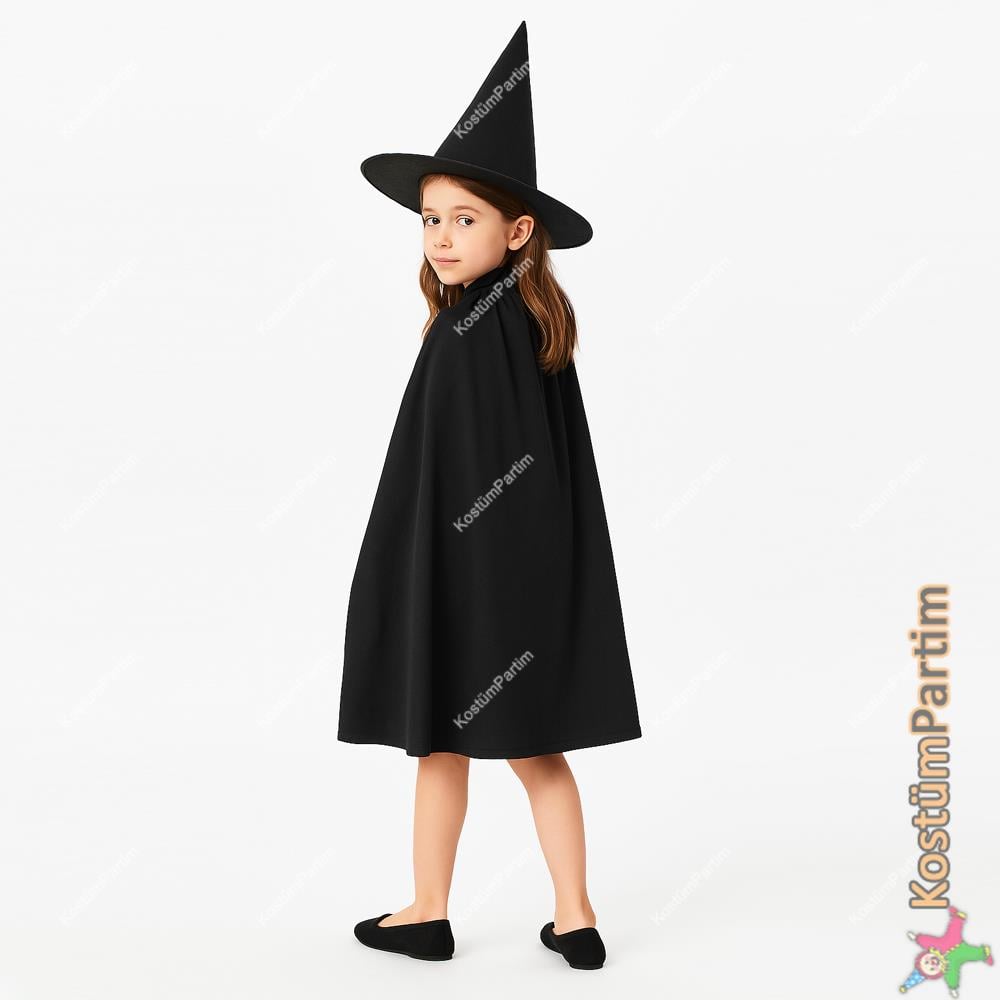 Siyah Pelerin ve Siyah Cadı Şapkası Seti Çocuk Boy Aksesuar Setleri Siyah Pelerin ve Siyah Cadı Şapkası Seti Çocuk Boy - KostümPartim®