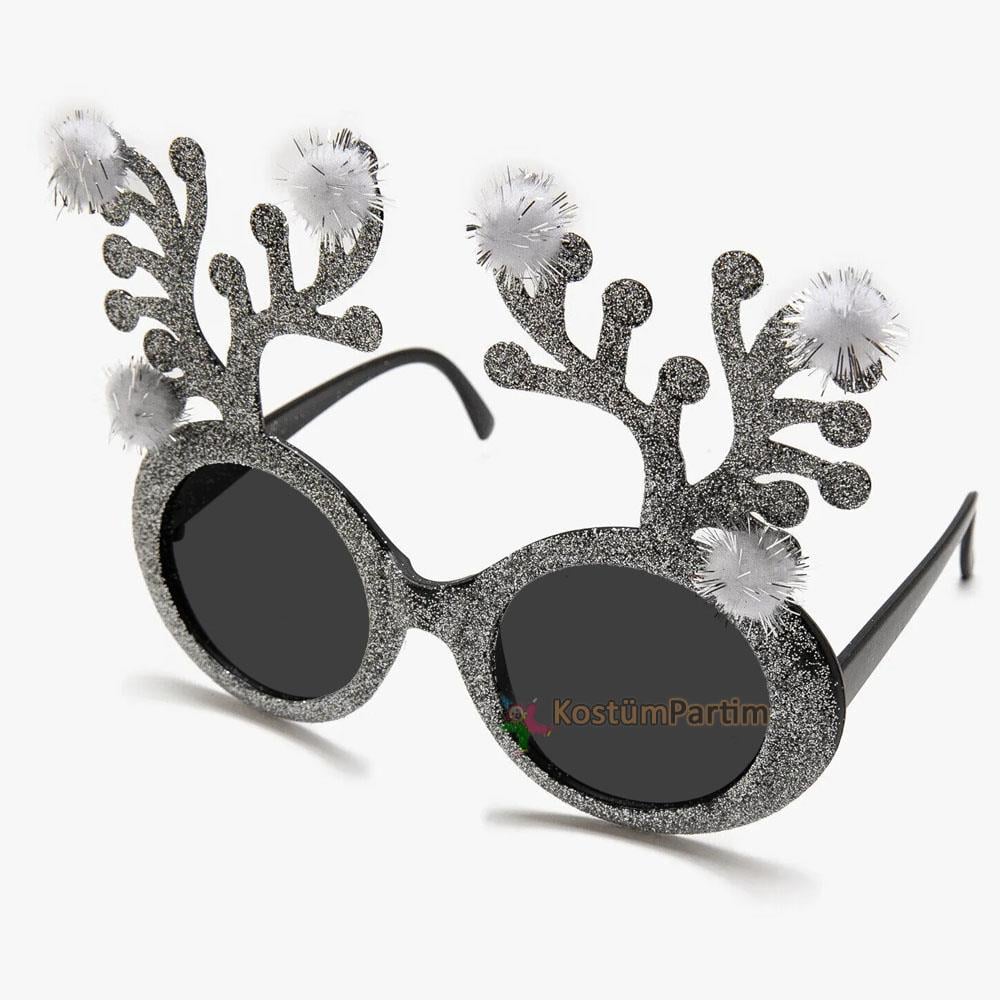 Yılbaşı Gözlüğü Gri Simli Geyikli Pompomlu Gözlük Yılbaşı Parti Malzemeleri KostümPartim® Yılbaşı Gözlüğü - Gri Simli Geyikli ve Pompomlu Tasarım!